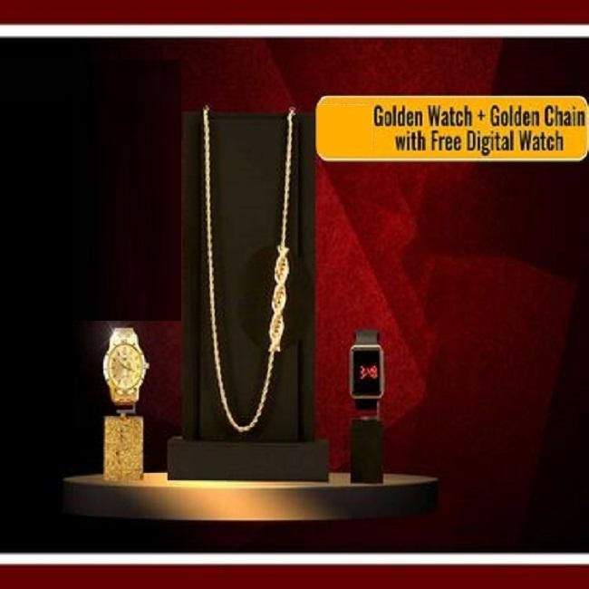 Goldene Uhr mit goldener Kette und kostenloser Digitaluhr-Kombination
