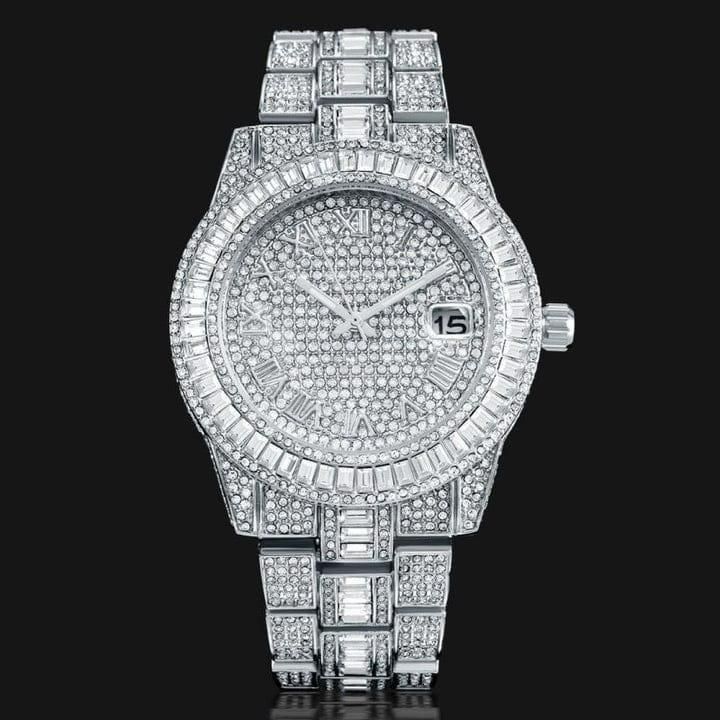 Goldene, mit Steinen besetzte Diamant-Armbanduhr für Jungen und Männer