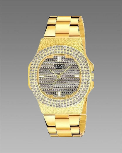 Goldene, mit Steinen besetzte Diamant-Armbanduhr für Jungen und Männer