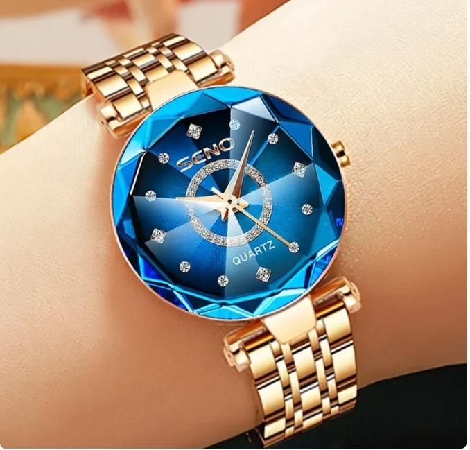 Reloj con esfera multicolor en forma de diamante y correa de oro rosa para mujeres y niñas