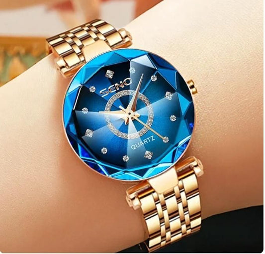 Reloj con esfera multicolor en forma de diamante y correa de oro rosa para mujeres y niñas