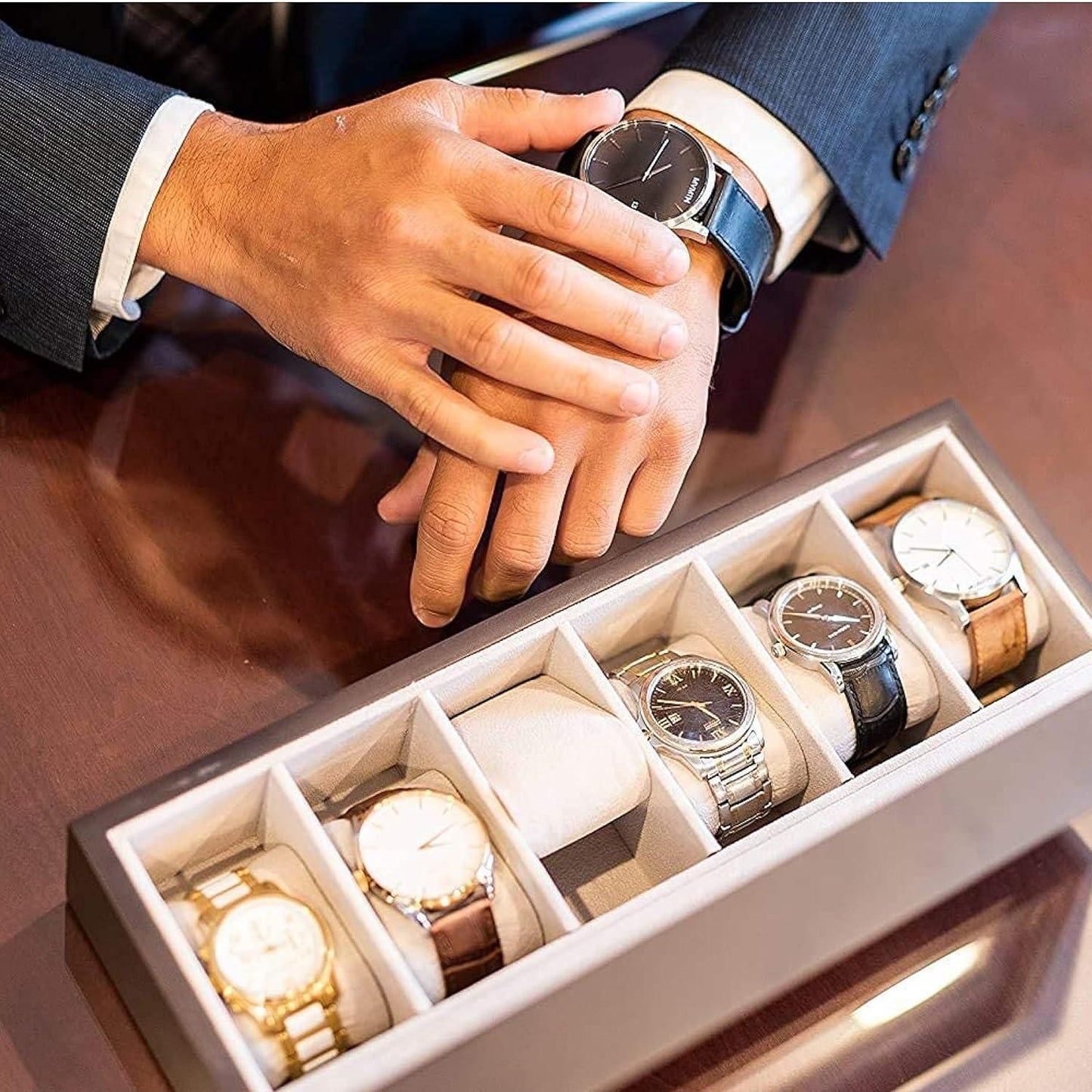 Organizador de caja de madera para relojes con vitrina de cristal