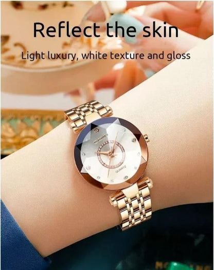 Reloj con esfera multicolor en forma de diamante y correa de oro rosa para mujeres y niñas