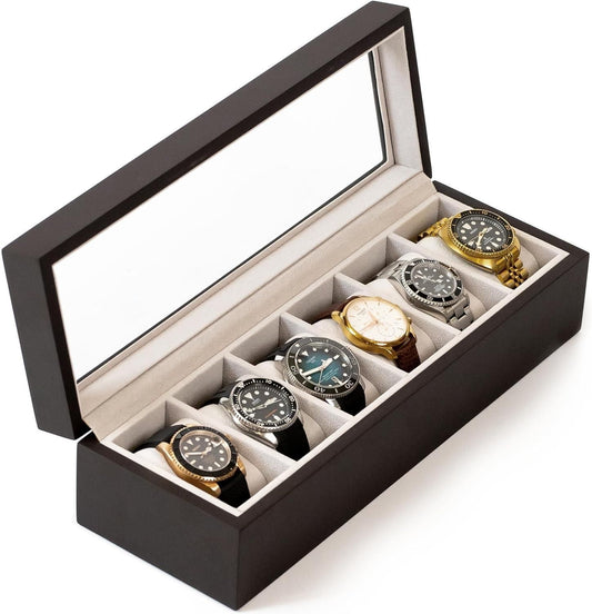 Organizador de caja de madera para relojes con vitrina de cristal